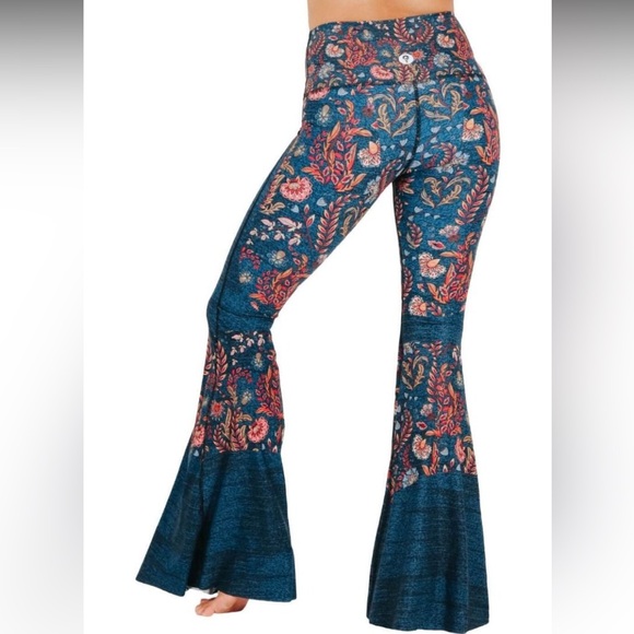 Yoga democracy Festival Denim Printed Bell Bottoms flare leggings floral size L - Picture 2 of 10